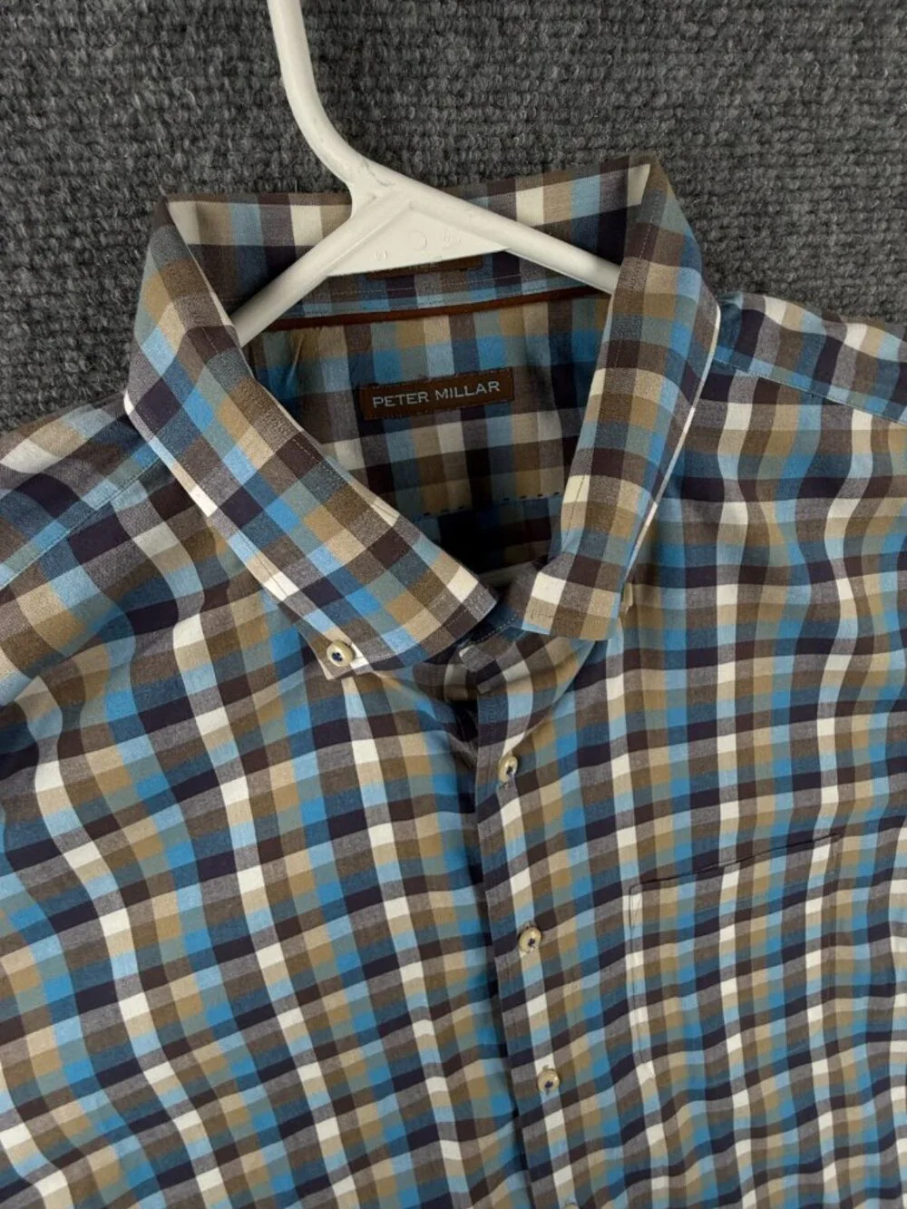 Peter Millar Blue Brown Check Button Up Shirt 2XL Cotton Long Sleeve Woven Adult